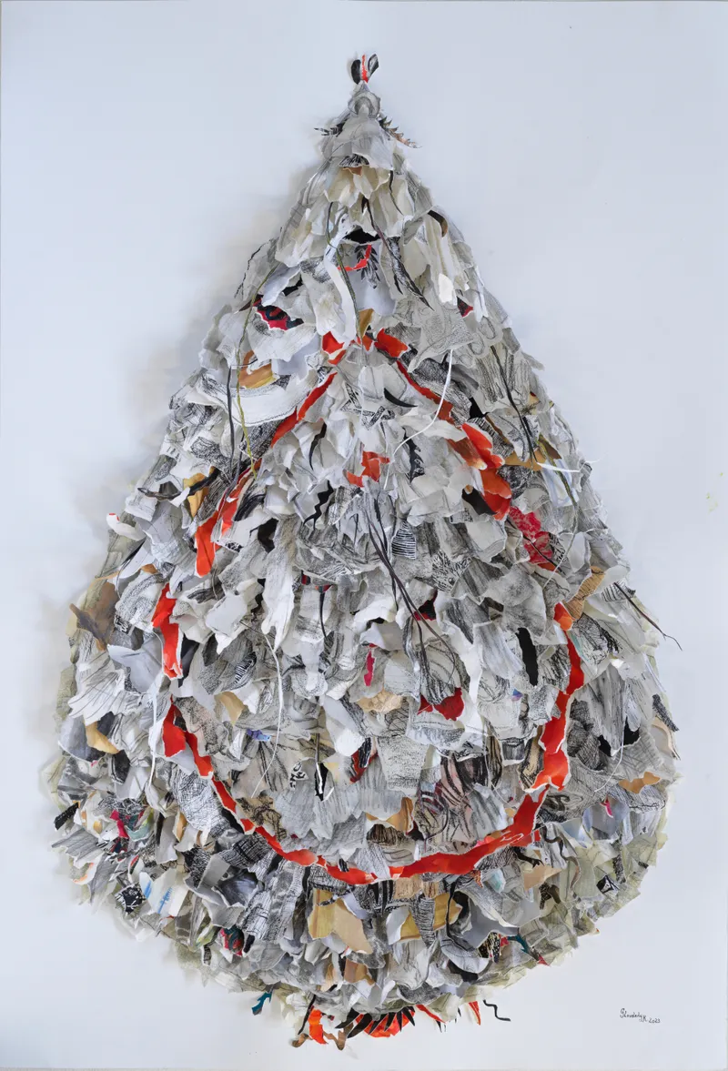 Series Tropfen, 3D Collage, zerrissene alte Zeichnungen, 75 x 105 cm, 2023
Repro: Roland Froschauer