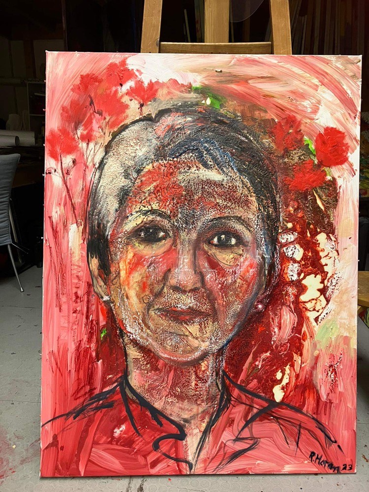 Renate Moran, „Großes Porträt - Barbara Prammer“ Entstehung 2023, 100 x 130 cm, Mischtechnik