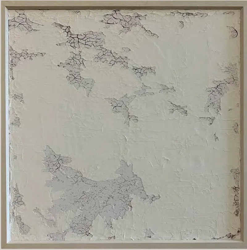 Blutschwund - Freilegung Kunststein-Schwundbruch: Kalkstein- & Mamormehl, Champagnerkreide, Acrylbinder, Pigmente auf Leinen 360 g, Künstlerrahmung, 90 x 90 cm, 2024