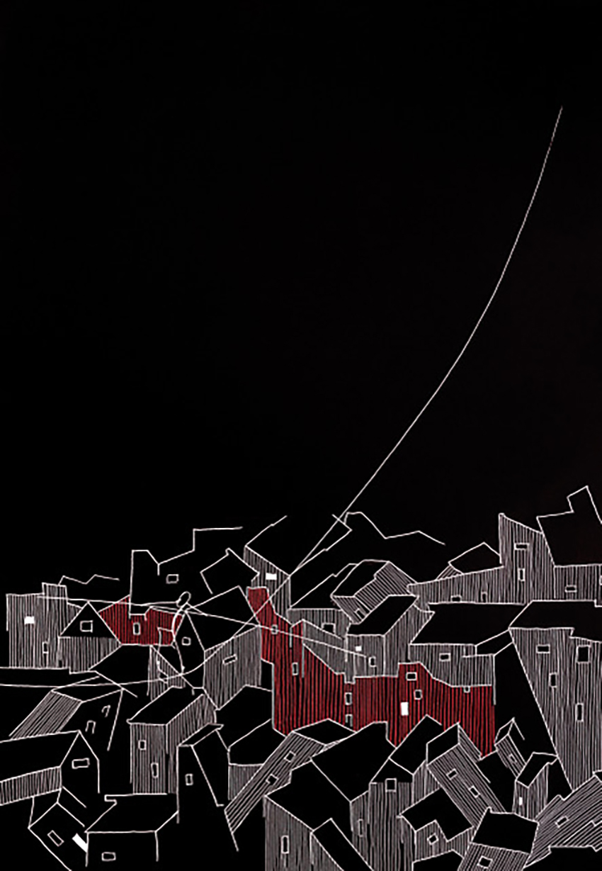 Katharina Erben, DER HEIMLICHE GAUKLER 2022, Tusche, Farbstift auf Papier 2022, 43 cm  x 60 cm