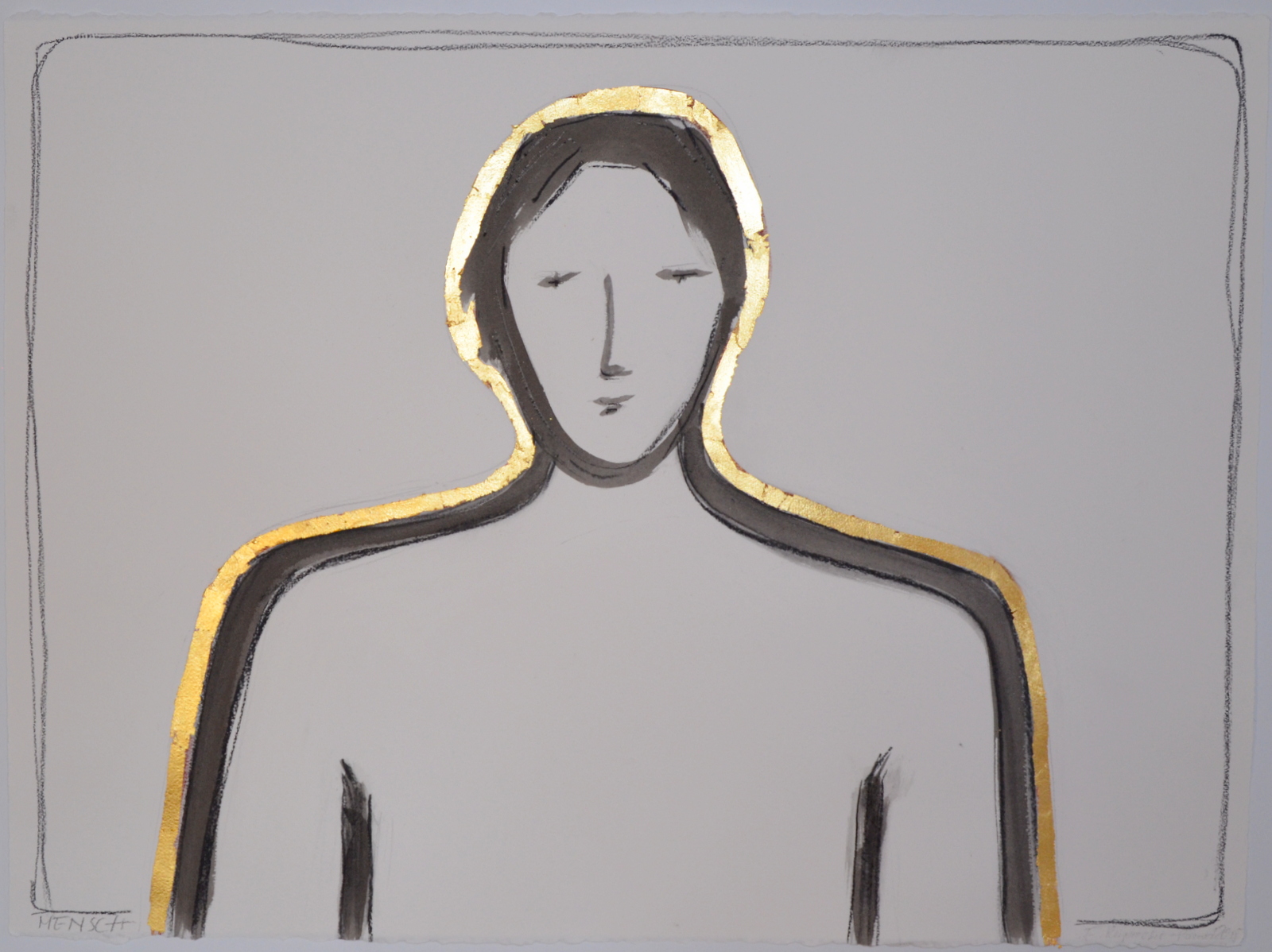 Elfriede Ruprecht-Porod, Mensch, Tusch, Kohle, Blattgold auf Büttenpapier, 76 x 56 cm