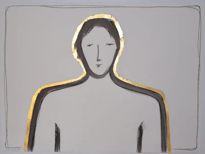 Mensch, Tusch, Kohle, Blattgold auf Büttenpapier, 76 x 56 cm