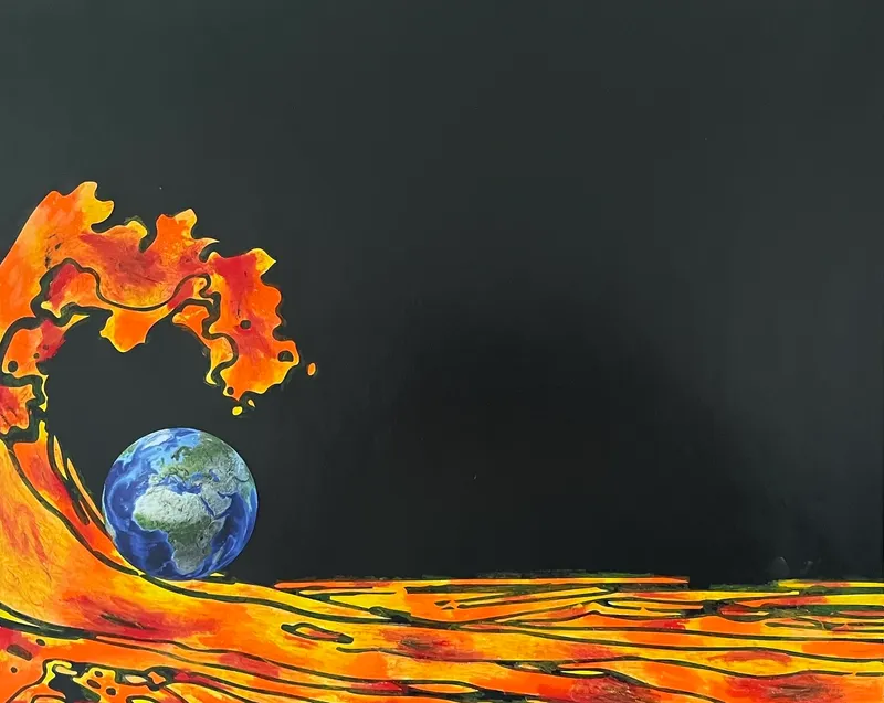 Wenn die Welt brennt 2... dann wird Wasser zu Feuer, Ölstick auf Leinwand, 70 x 60 cm, Die Welt geht zugrunde, und wir tun nichts dagegen!