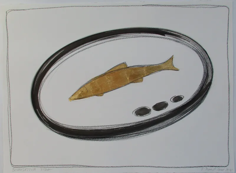 Hommage an die Opferbereitschaft der Fische, Tusch, Kohle, Blattgold auf Büttenpapier, 76 x 56 cm