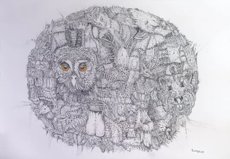 Bark Entities, Tuschezeichnung, Aquarelle, 75 x 110 cm
2019, Repro: Peter Weissböck