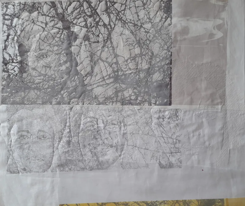 Urgestein/e  2023, 54 x 67, aus der Serie „Spurensuche“textile Collage, Siebdruck auf BW