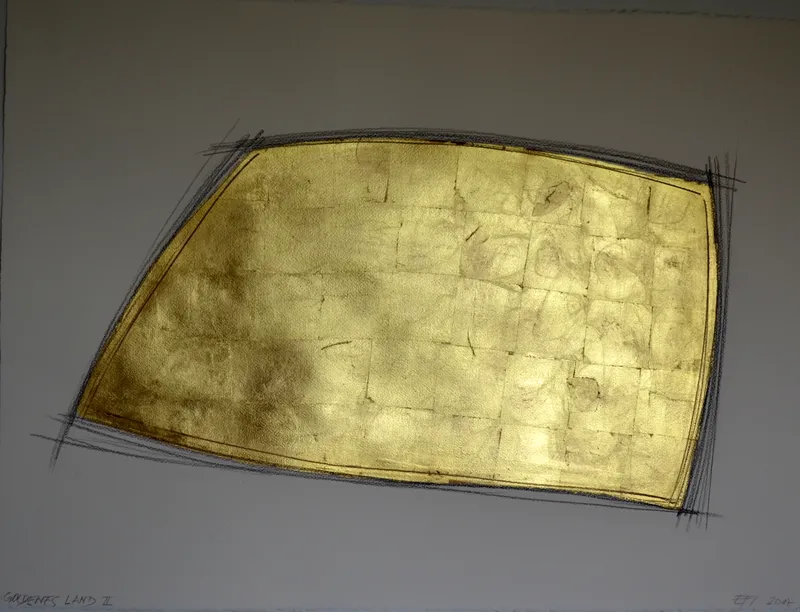 Goldenes Land II, Blattgold, Kohle auf Büttenpapier,  76 x 56 cm