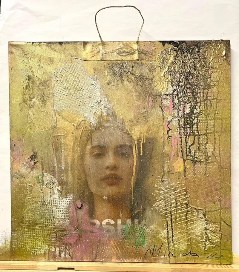 „Birkin Tasche", Collage, Öl, Acryl, Papier, Leinwand, 2024, 60*60