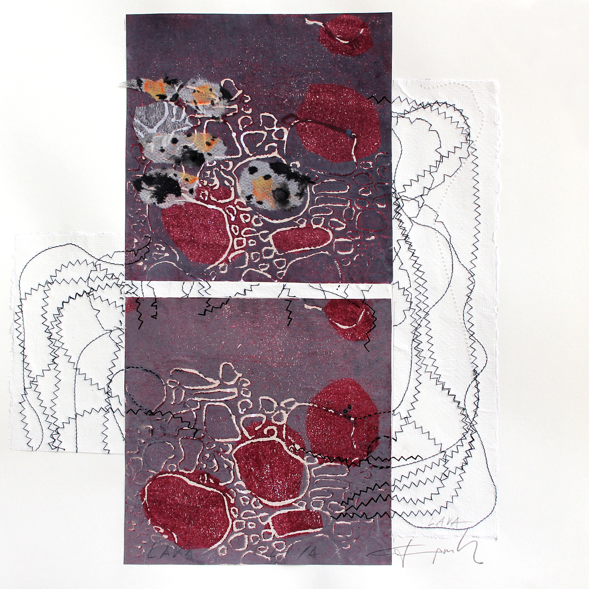 Elisabeth Jungwirth, Aus der Serie“ Feuer und Eis“ | Styrenedrucke, durch Nähte miteinander verbunden