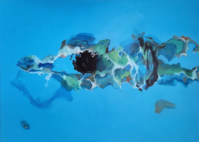 Bahnen ziehen, Acryl auf LW, 100 x 140cm, 2023
Bei sich sein, keine Grenzen haben, Frieden finden beim Ziehen von Bahnen im unendlichen Blau.