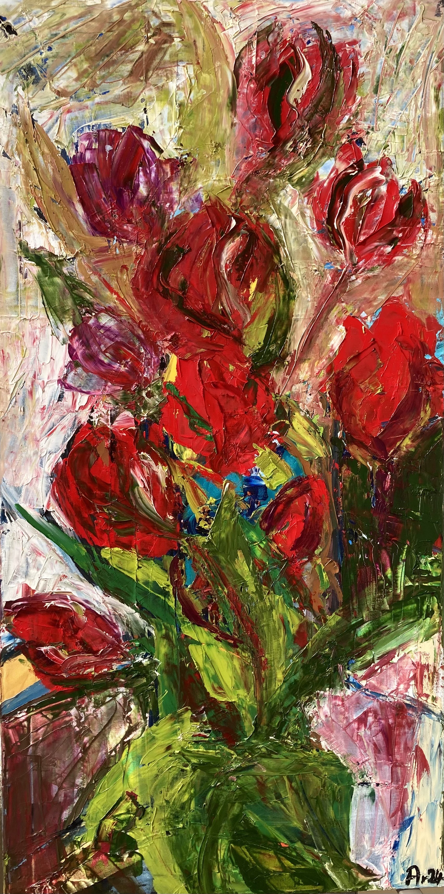 Karin Arico, Rote Tulpen, 120 x 60, Öl, 2024