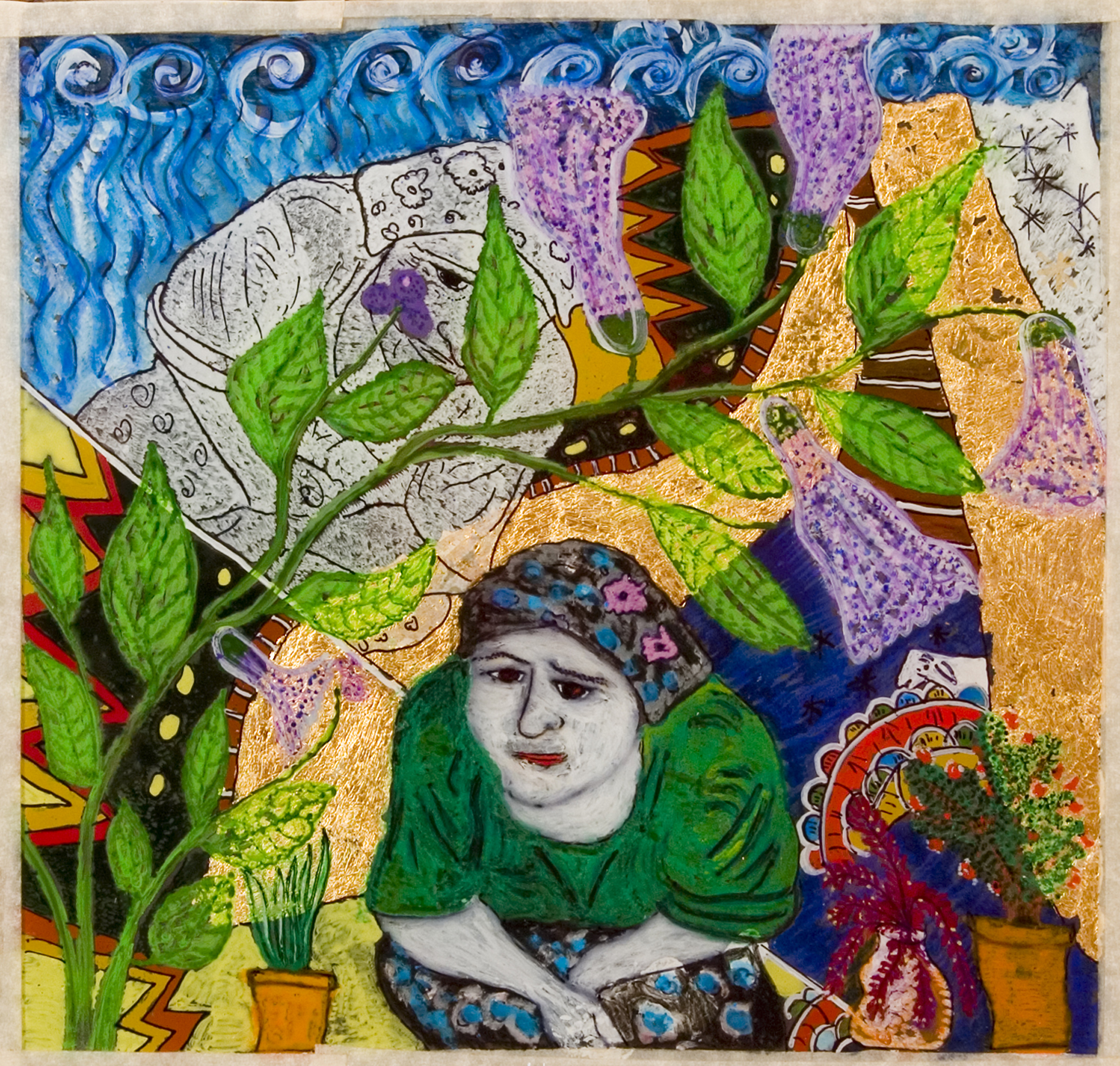 Brigitte Edler, Gülistan zwischen den Welten, 36 x 36 cm, Hinterglas Mischtechnik