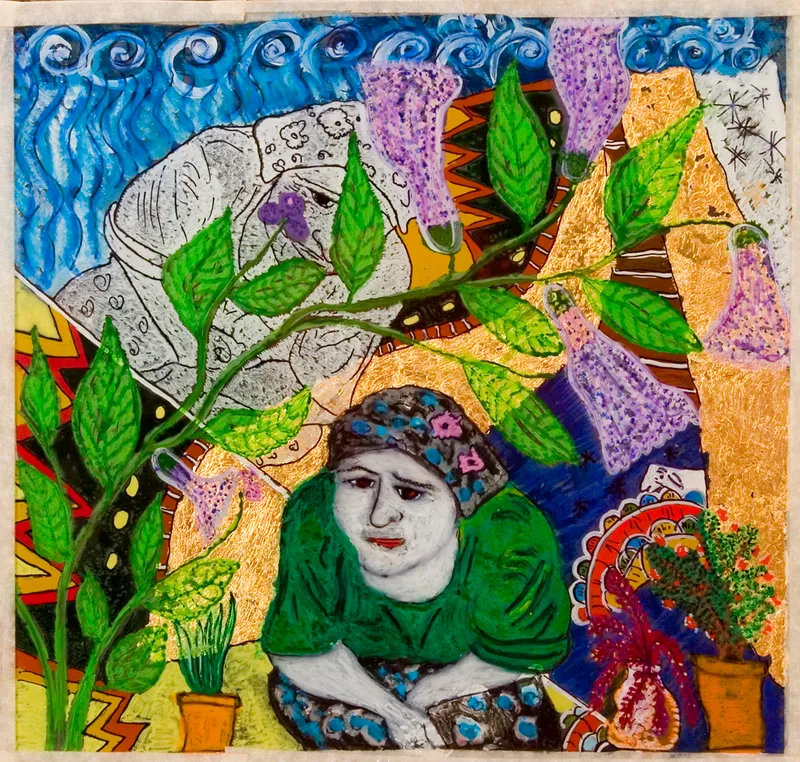 Gülistan zwischen den Welten, 36 x 36 cm, Hinterglas Mischtechnik